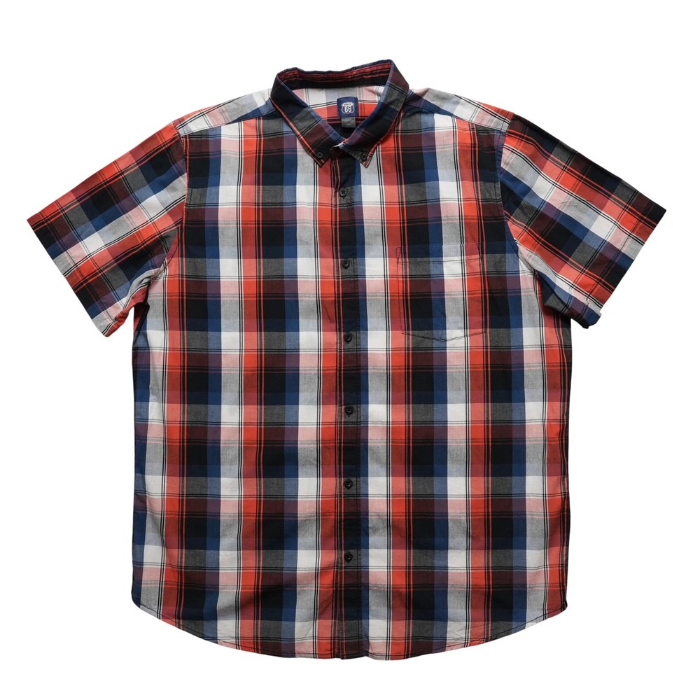 Route 66 Plaid Short Sleeve Button Down Shirt Mens XXLT Red Blue Plaid Cotton